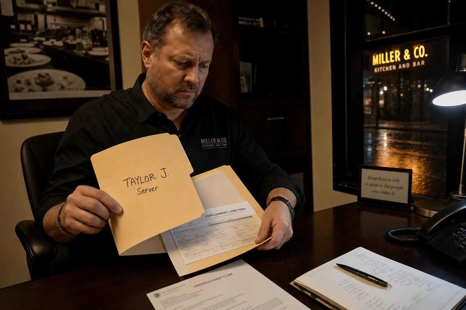 Restaurant manager opening an nearly empty personnel folder beside an unemployment claim notice