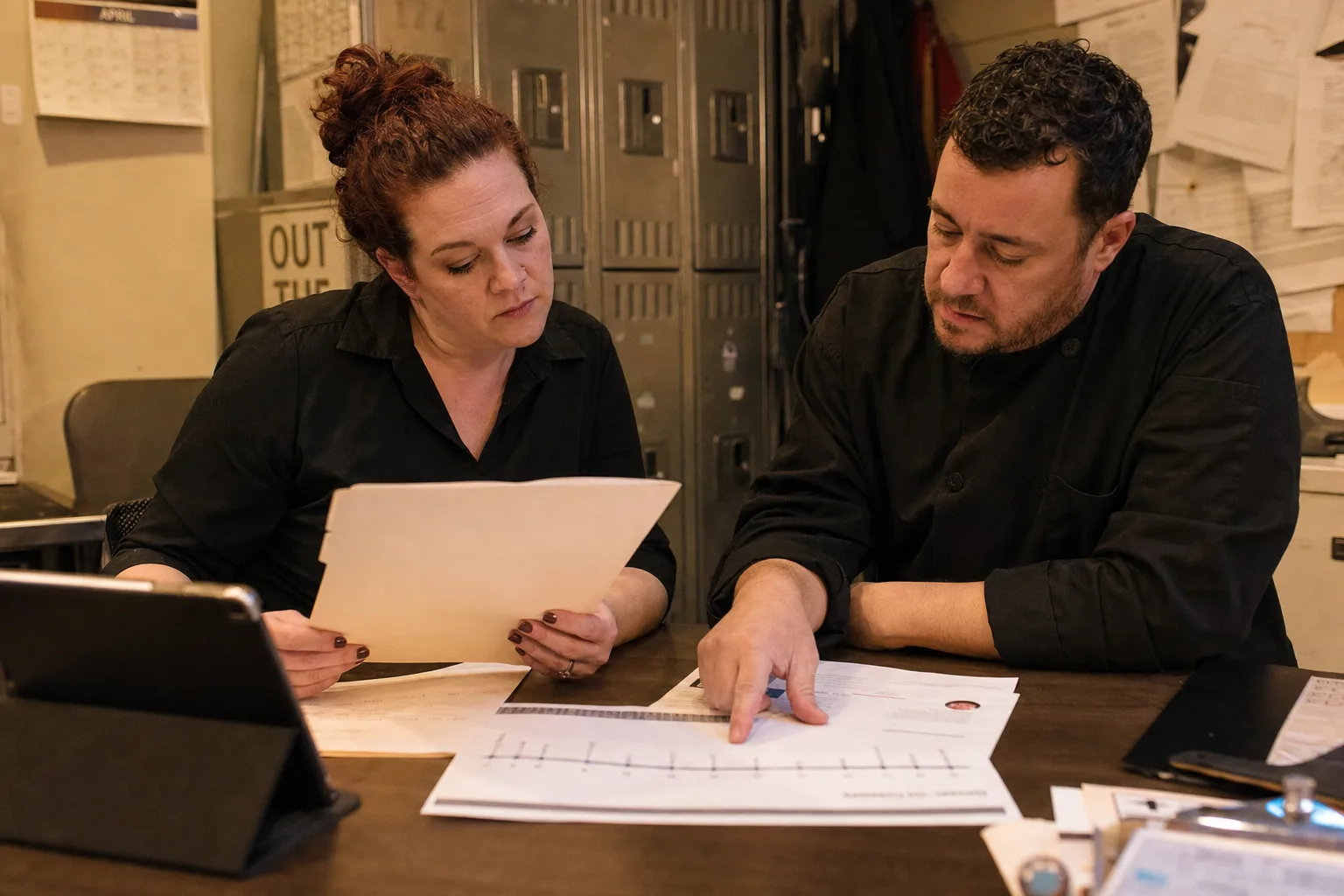 Managers preparing a thin employee file for an unemployment hearing with missing dates highlighted