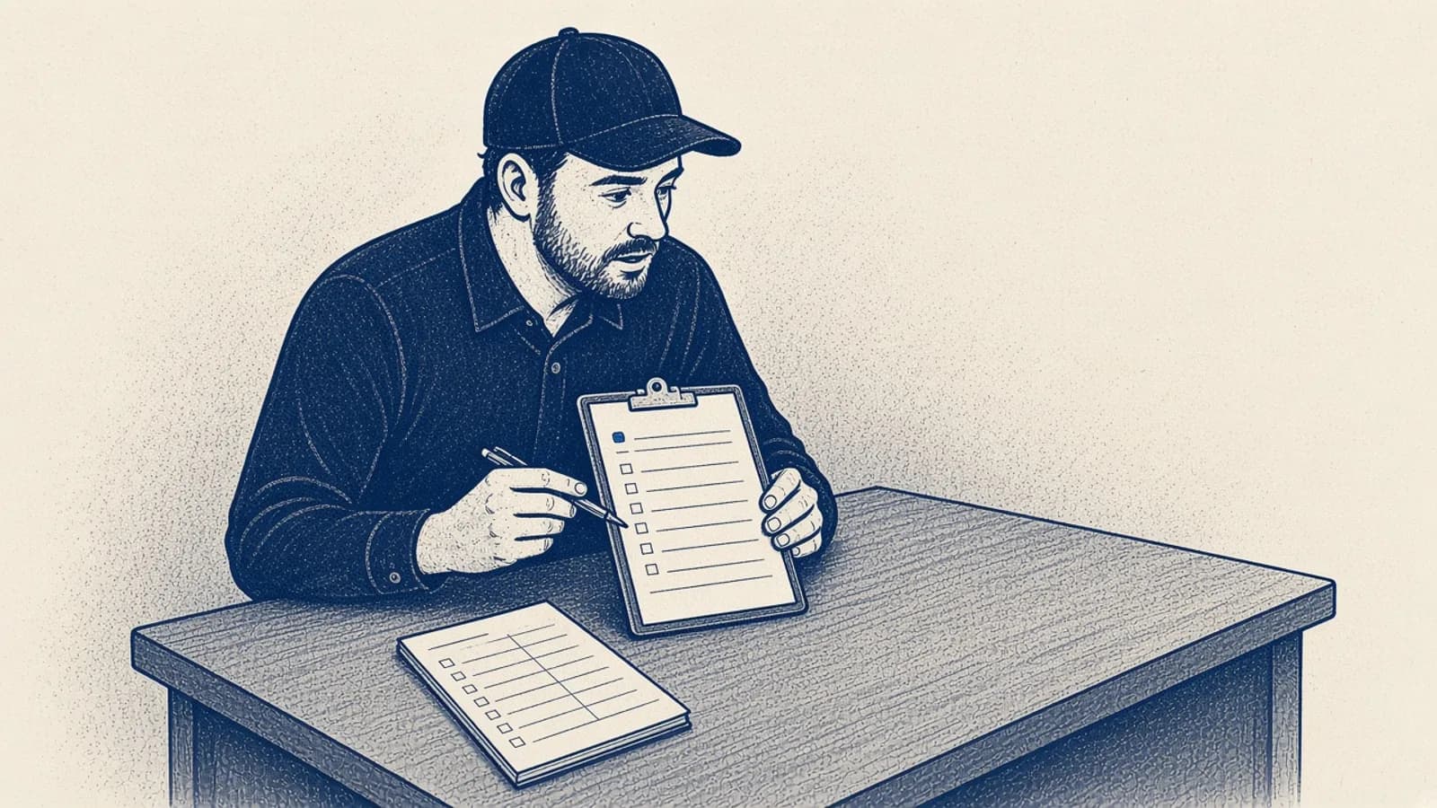 A restaurant manager reviews a clipboard of empty lines, with another checklist on the desk.