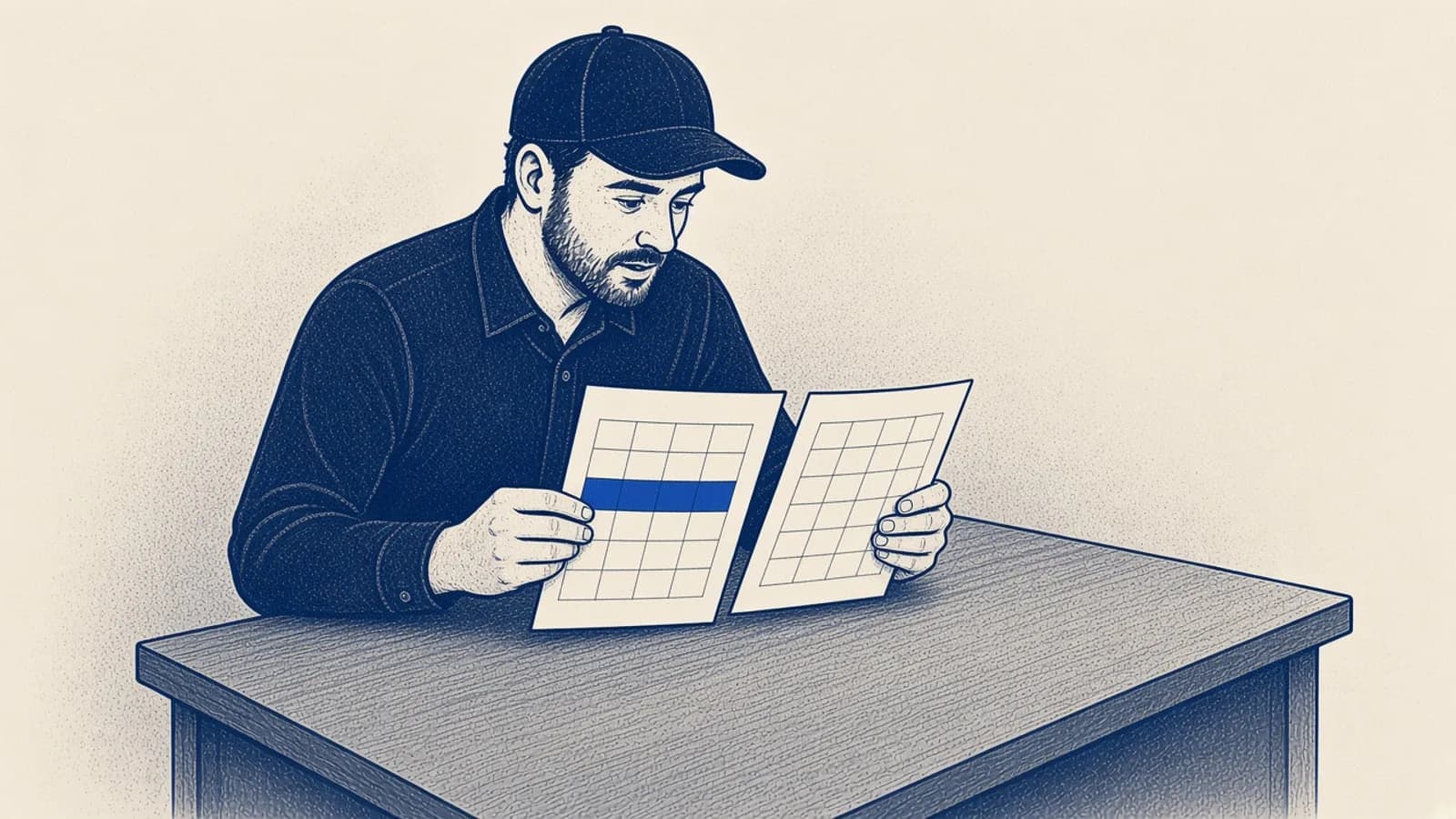 A restaurant manager compares two blank grid sheets. One row is marked blue.