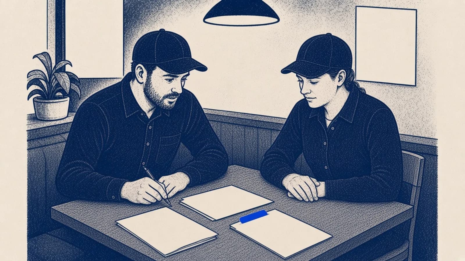 Two restaurant managers in work shirts and caps review blank pages together in a booth. One page has a blue tab.