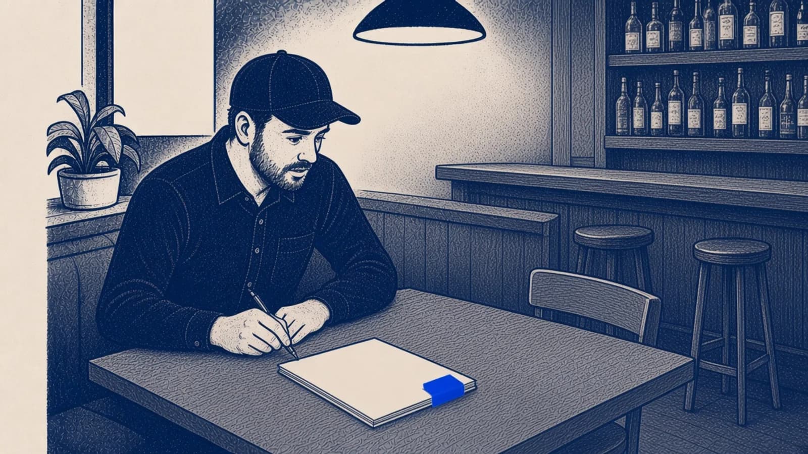 A restaurant manager writes in a notebook at a quiet bar. The notebook has a blue tab, shown as a closer view of the page.