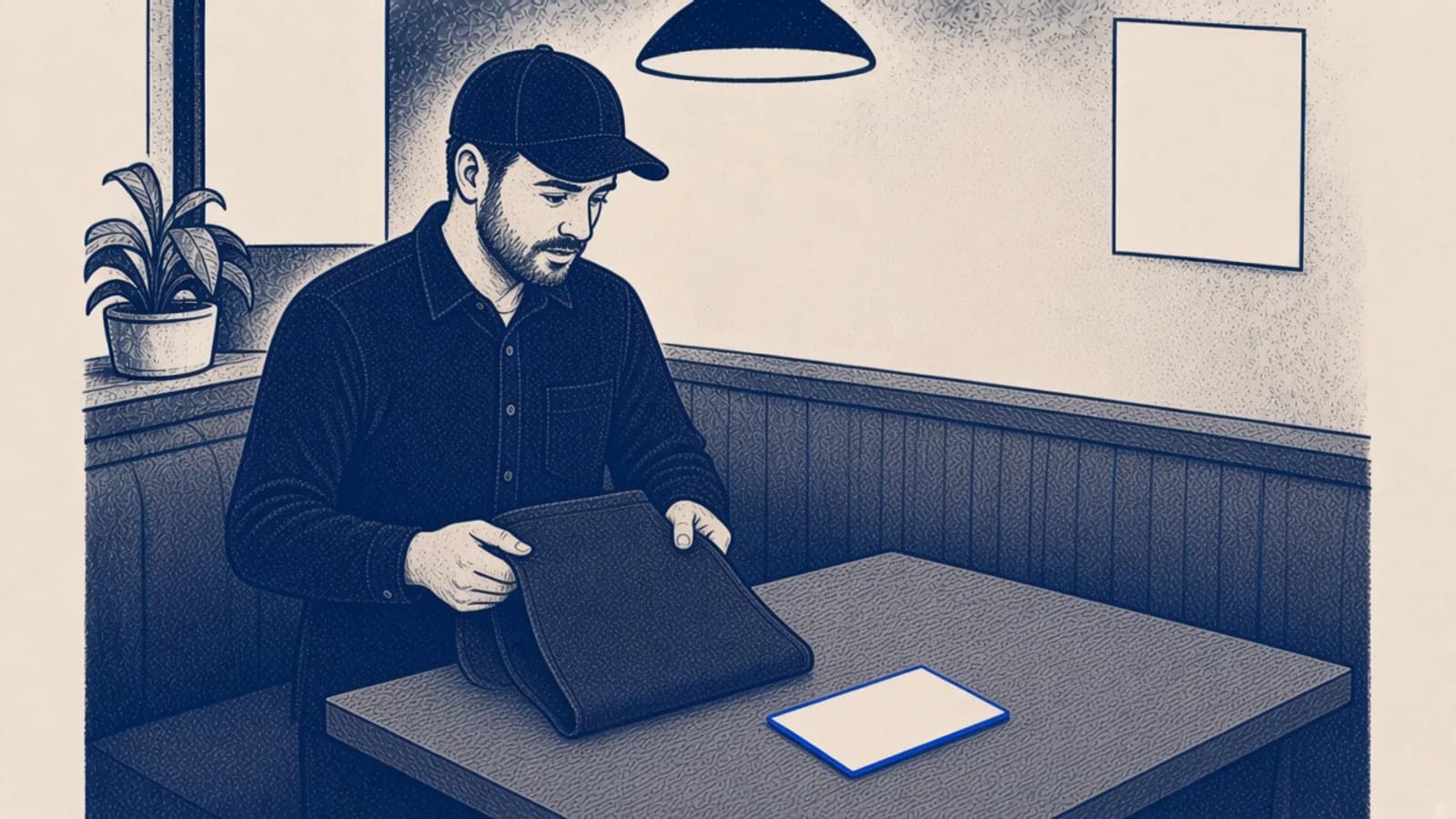 A restaurant manager holds a spare apron beside a blank card with a blue edge, shown as a closer view of the page.