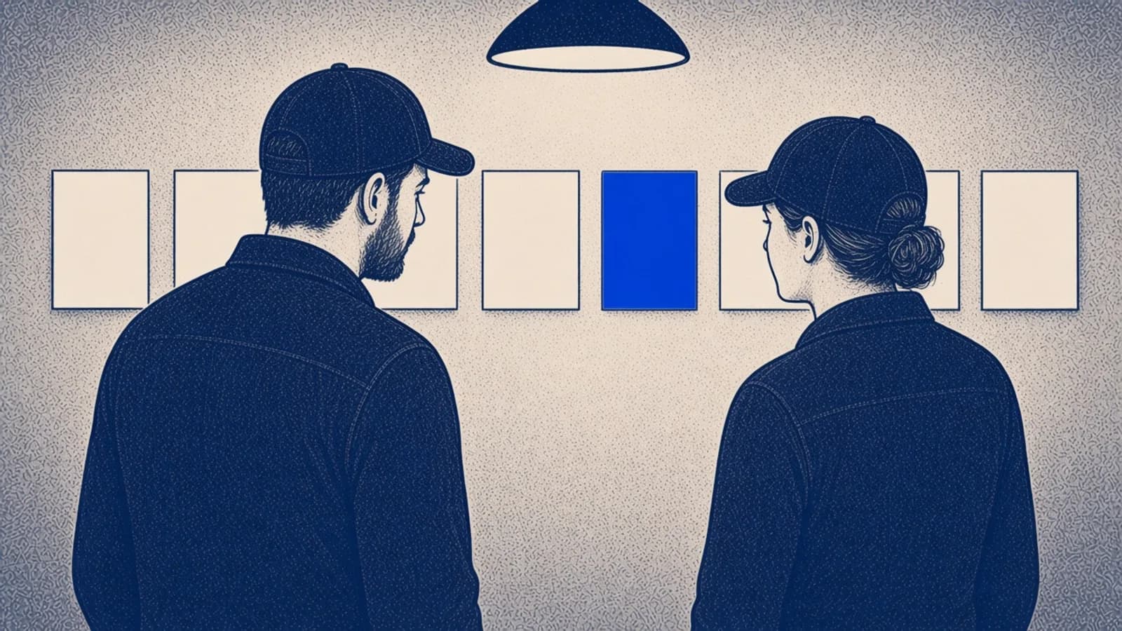 Two restaurant managers look at a row of blank cards. One card is solid blue.