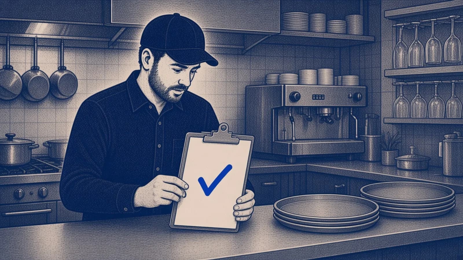 A restaurant manager holds a clipboard with a blue check beside stacked plates in the kitchen.