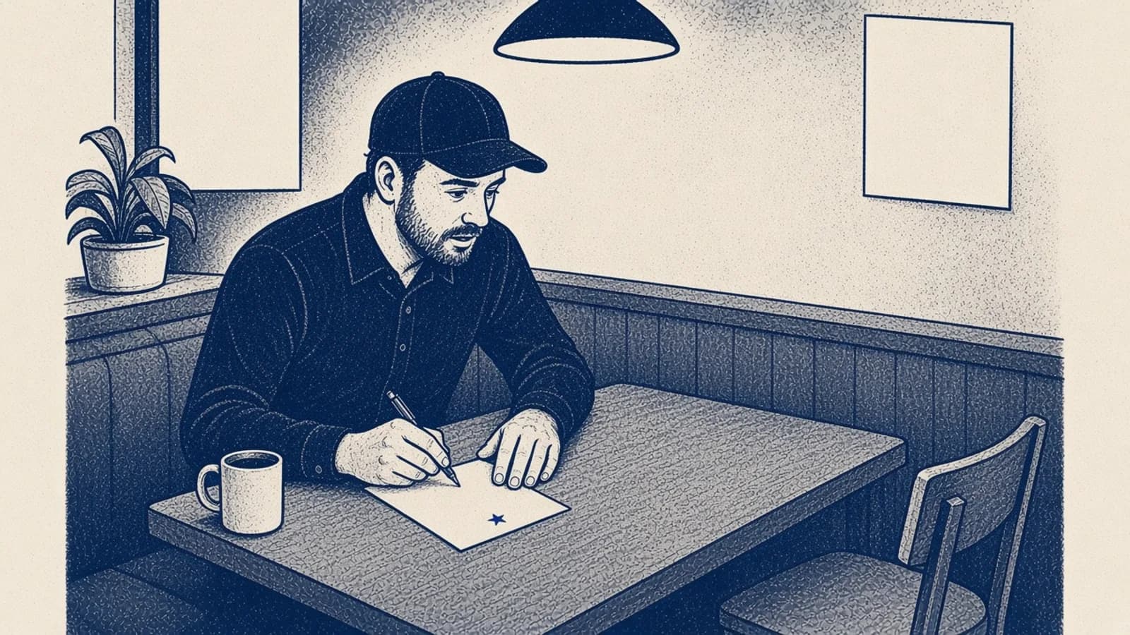 A restaurant manager in a cap writes on a blank page in a booth. A small blue star marks the page.