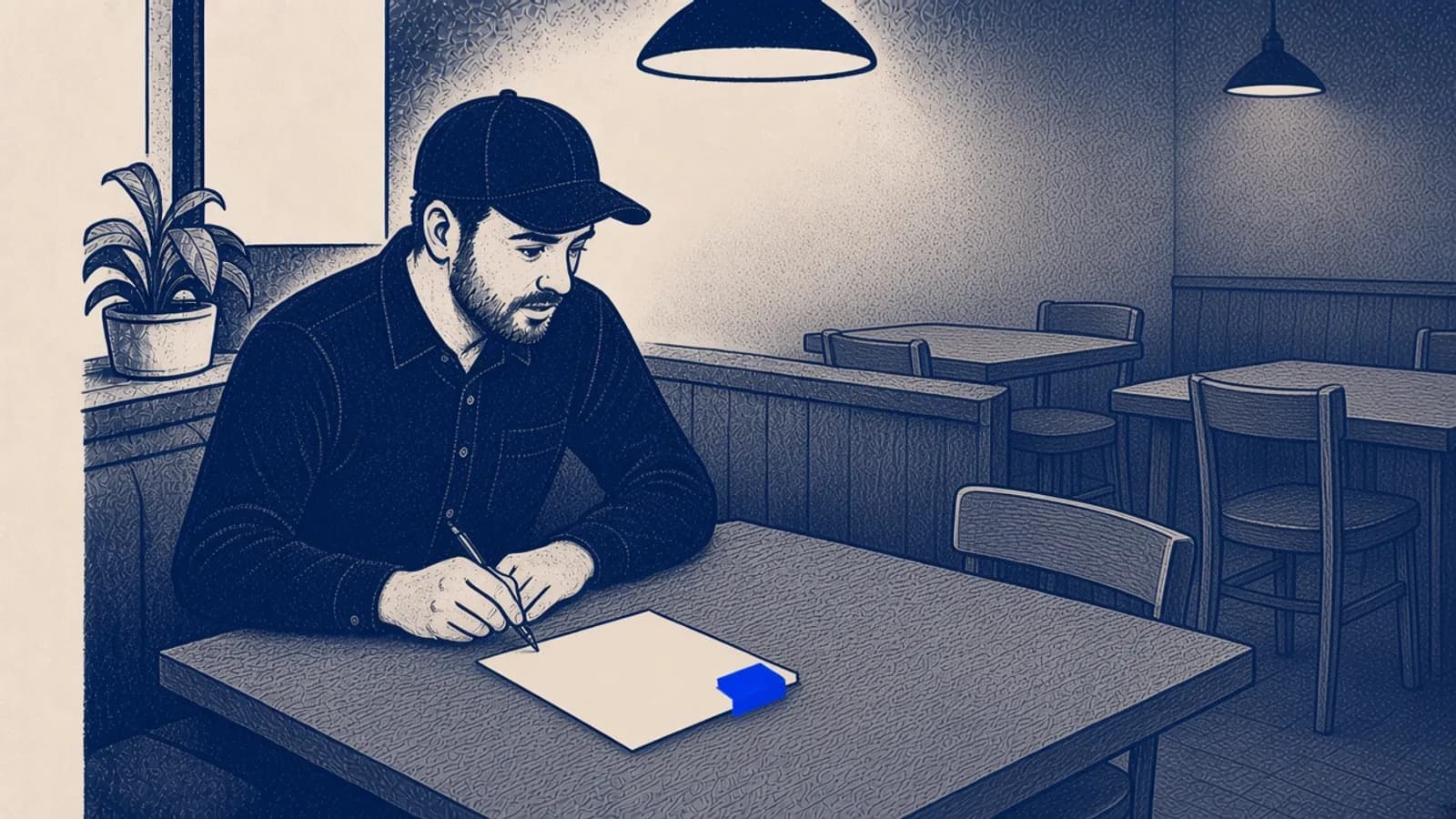 A restaurant manager writes on a blank page at an empty dining table. The page has a blue tab.