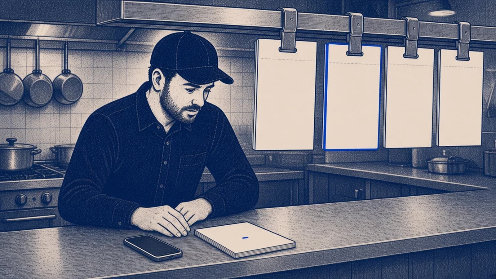 A restaurant manager at the kitchen pass looks at a dark phone and a blank notepad with a blue mark, shown as a closer view of the page.