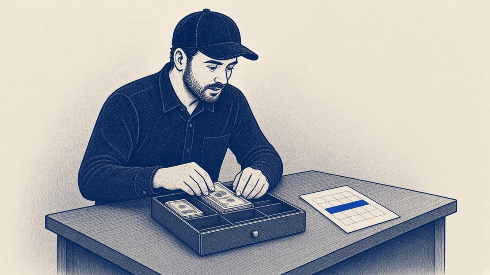 A restaurant manager counts a cash drawer beside a blank grid. One row on the grid is blue.