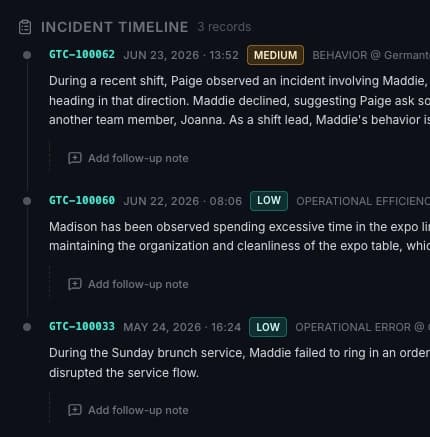 Employee timeline with three dated records and an Add follow-up note control on each record.