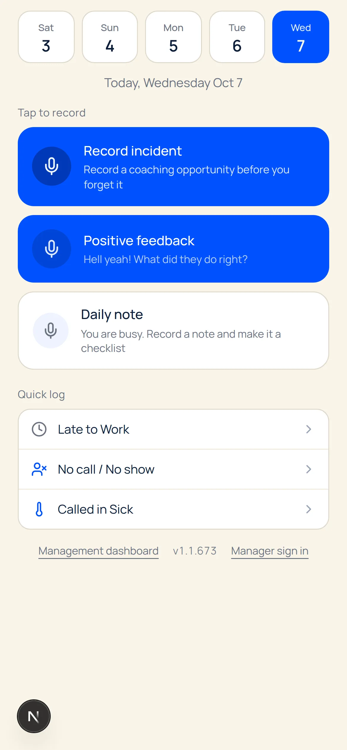 Docu-Coach record screen on a phone, with Record incident, Positive feedback, and Daily note under Tap to record.