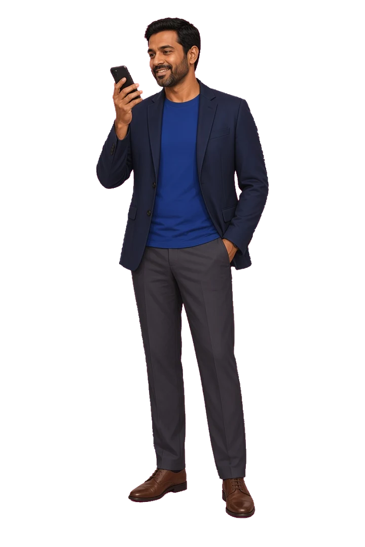 Illustrated bank branch manager in a navy blazer, recording a voice note on a phone
