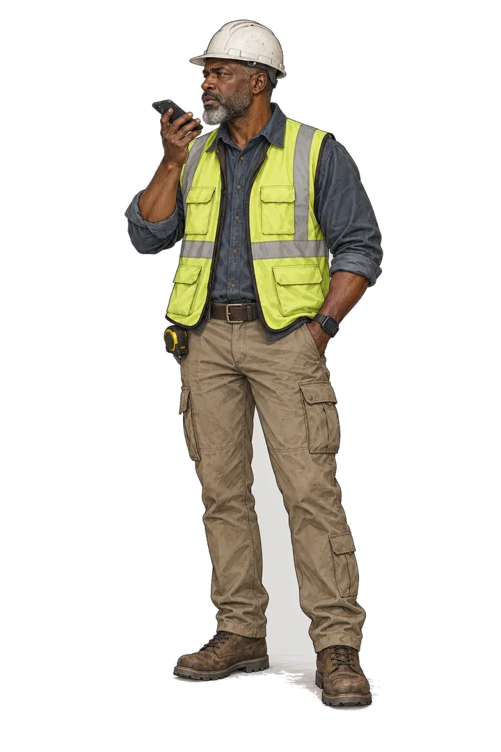 Illustrated construction site manager in a high-visibility vest, recording a voice note on a phone