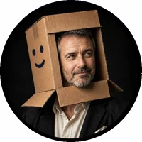 the Coach wearing a smiling cardboard-box helmet