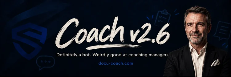 Coach v2.6, Docu-Coach’s fictional AI leadership coach, pictured beside Docu-Coach branding