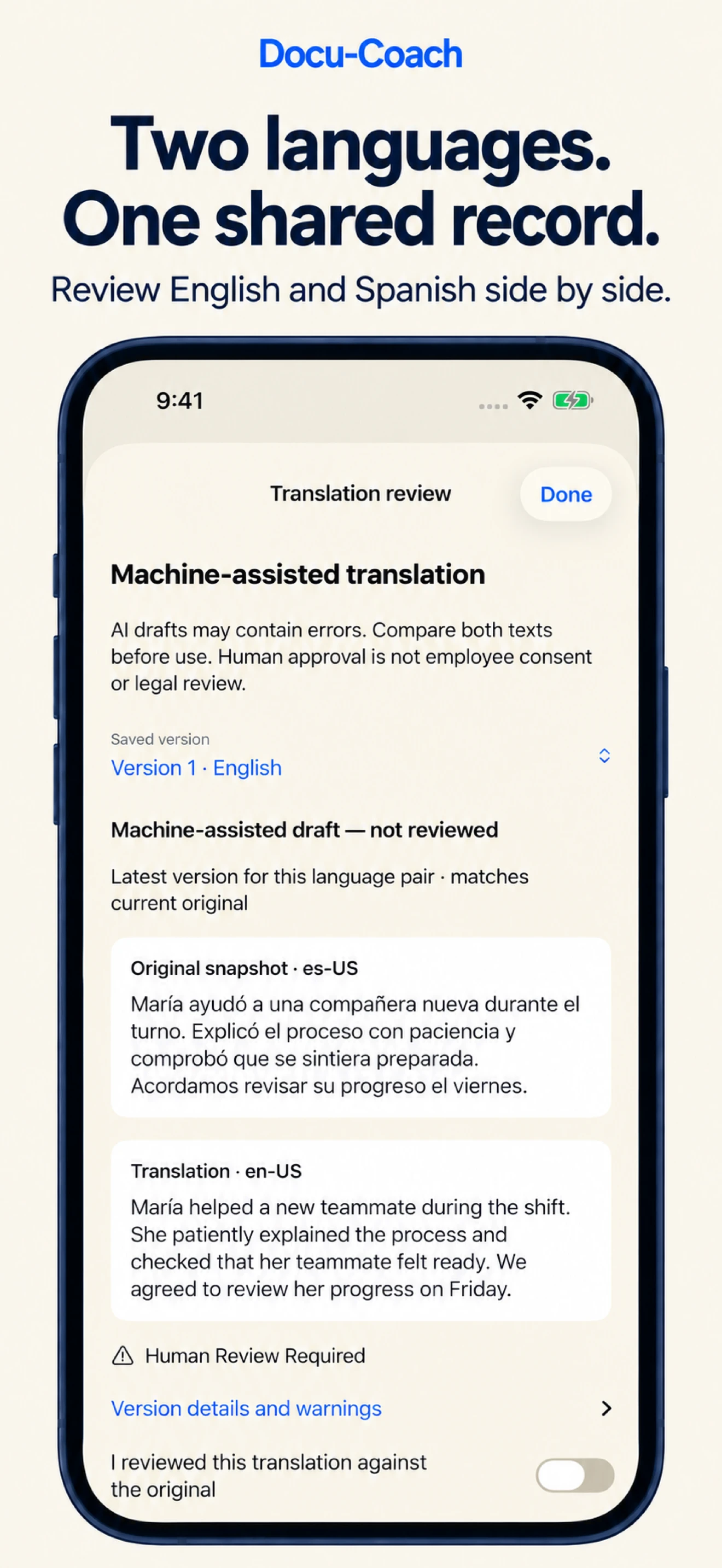 Native translation review showing a Spanish original, an English draft and a human-review confirmation
